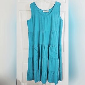 Vintage Linen Blend Dress XL Teal Blue Tiered Peasant Garden Summer Lightweight‎
